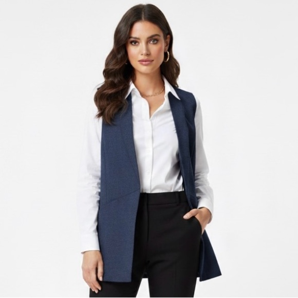 Willow & Thread | Stylish Blue Sleeveless Long Blazer with Pockets and No Collar